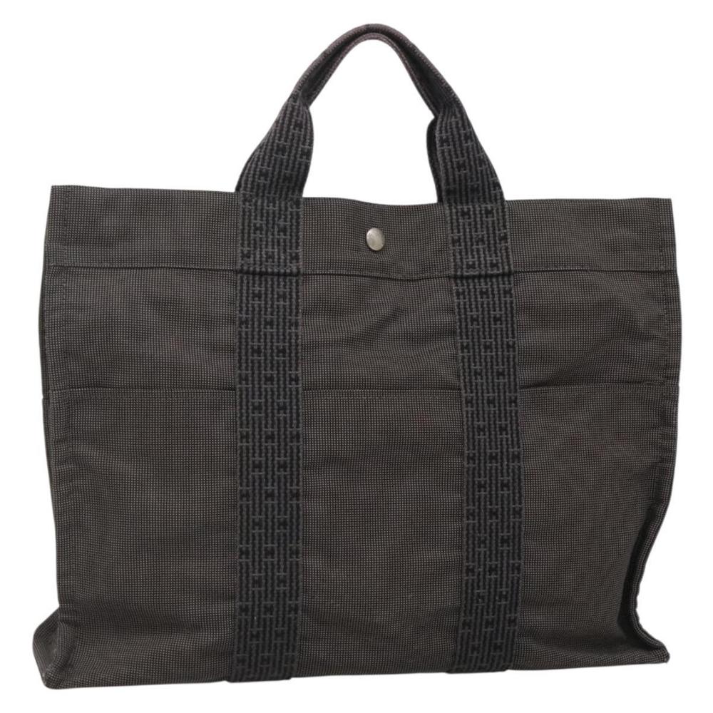 HERMES Her Line MM Hand Bag Canvas Gray Silver Auth 140106